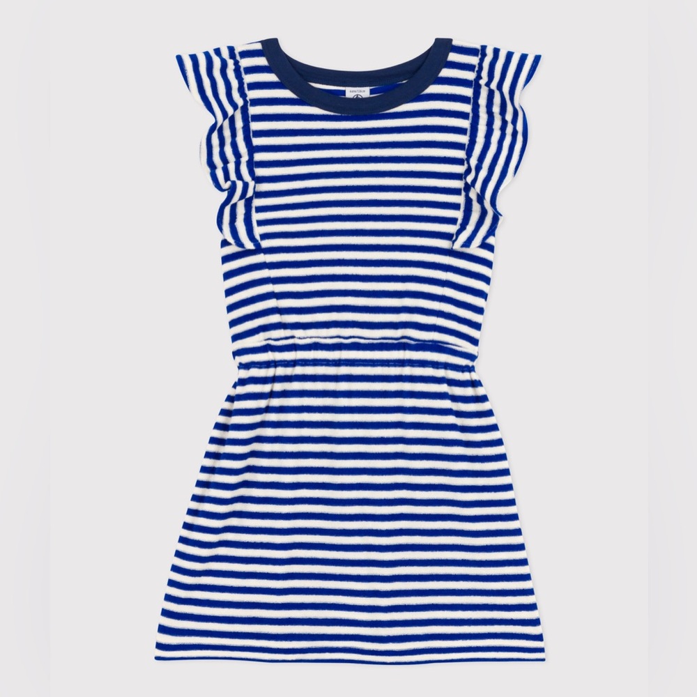 Petit Bateau Blue and Ecru Sleeveless Striped Terry Dress